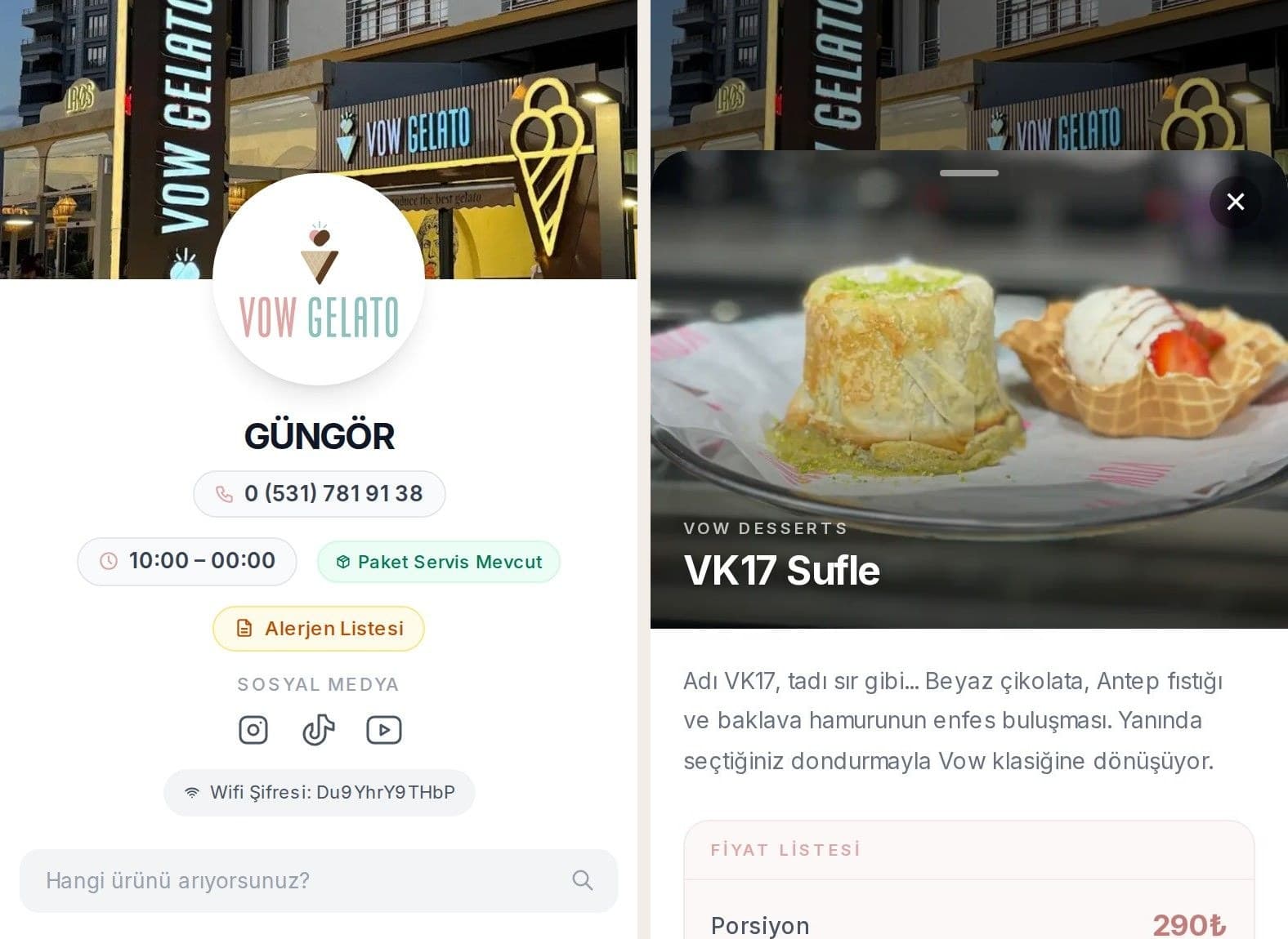 Vow Gelato Web Sitesi ve QR Menü Sistemi